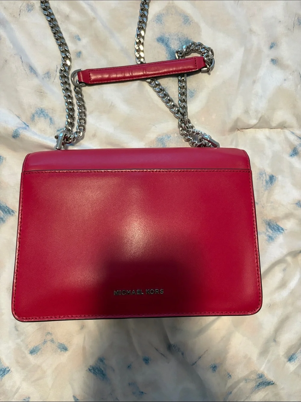 Michael Kors Fuchsia Leather Shoulder Bag with Silver Chain